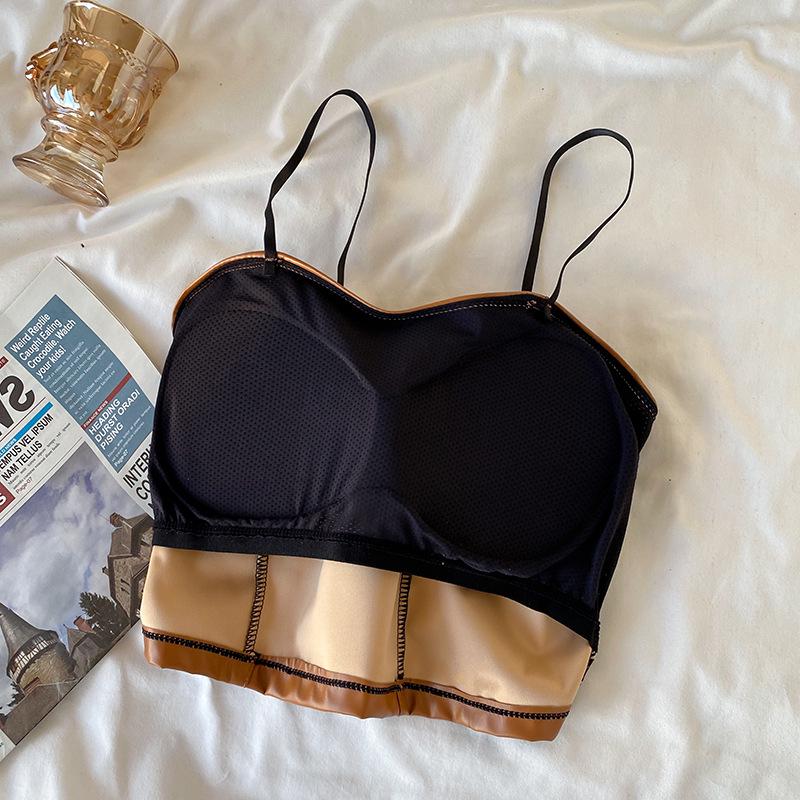 Retro Hong Kong Style Women's Slim Leather Suspender Vest with Fixed Cup