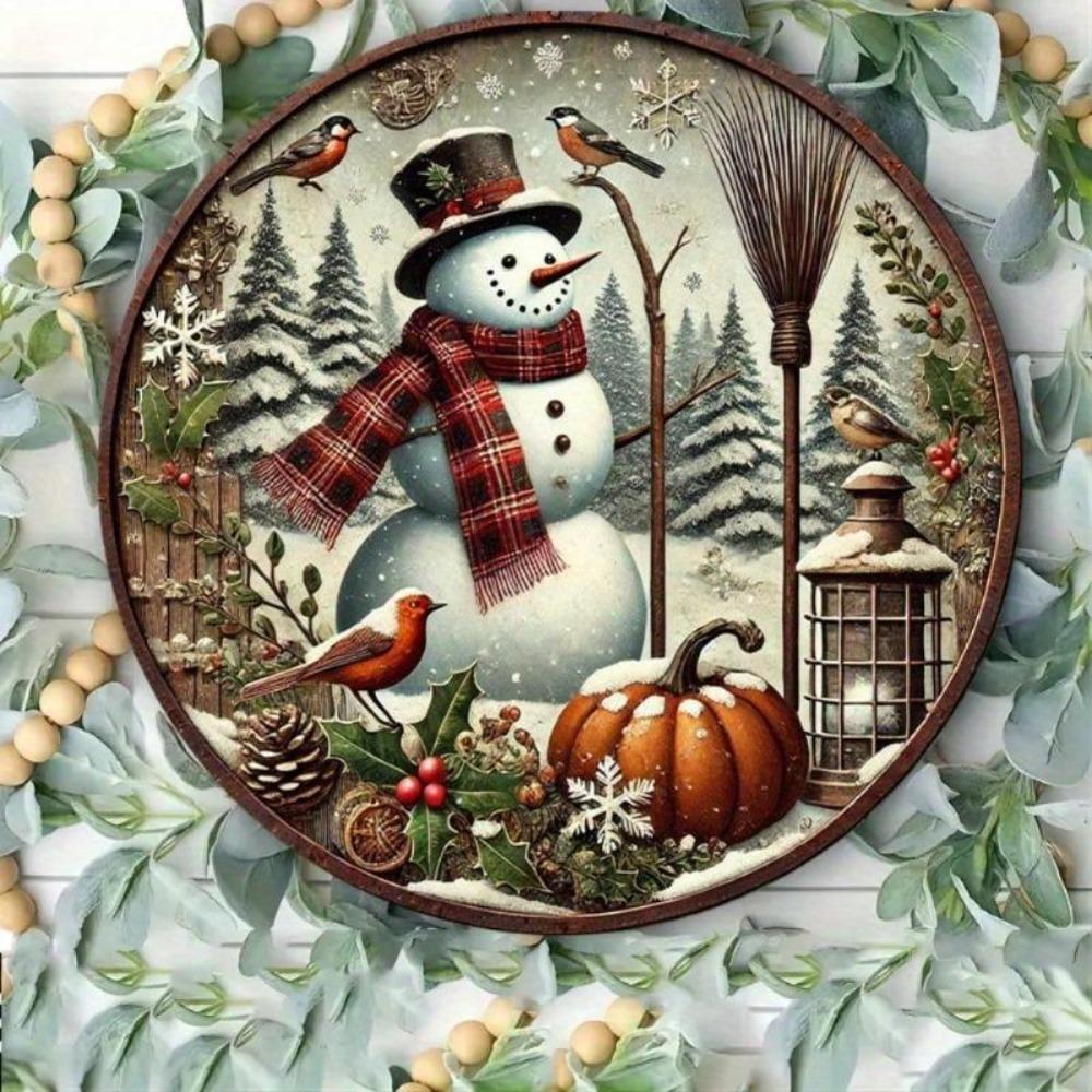 Vintage Tin Wall Sign Snowman Christmas Round Metal Decor 7.8 Inch Home Ornament