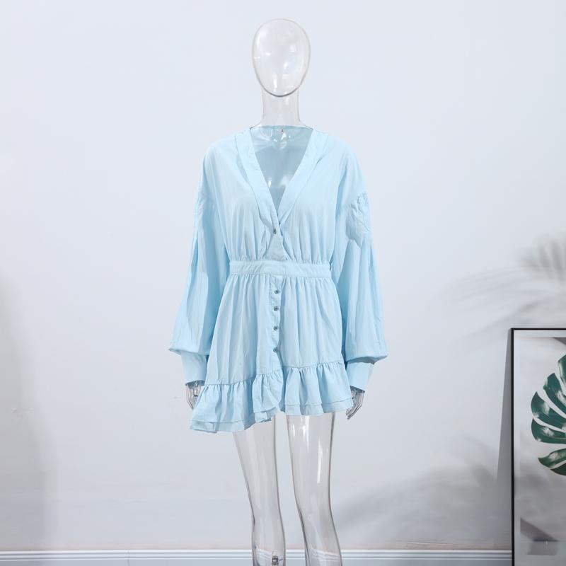 Casual Shirt Mini Dress Women Loose V-neck Buttons Dresses Lady Full Sleeve Spring Summer Above Knee Solid Robe Woman Streetwear
