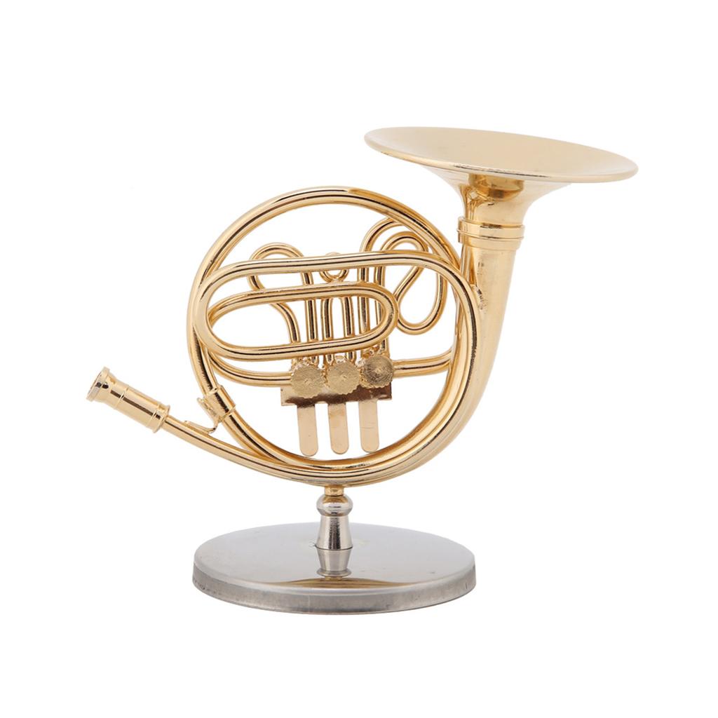 4in Miniature Golden French Horn Replica with Stand Instrument Model Ornaments Christmas Gifts