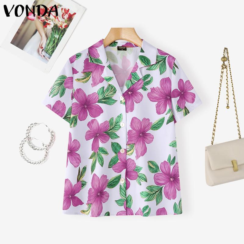 

VONDA Summer Bohemia Women Short Sleeves Floral Print Casual Hawaiian Shirts Tops 4XL темно-розовый