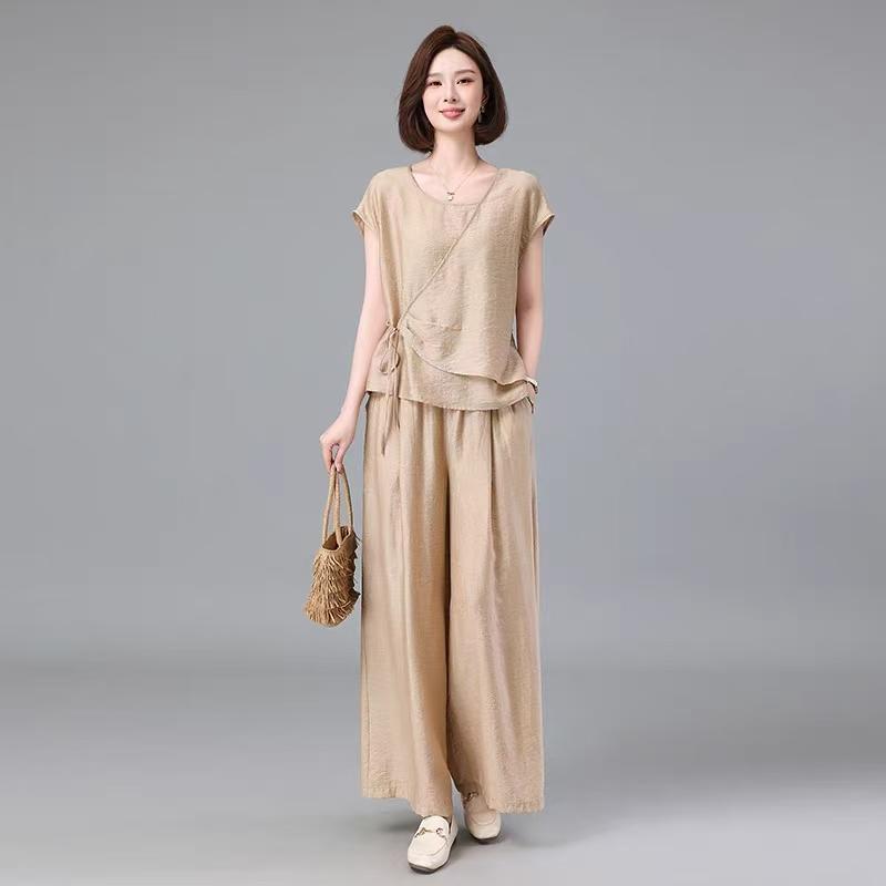 Faionable Summer Agel Loose Commute Simple Set Ele Senior Women's Cotton Long Pants ort Sve Two-Piece Suit