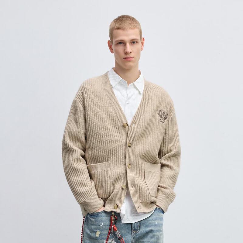 CHINISM Men s V-Neck Embroidered Wool Blend Cardigan XL