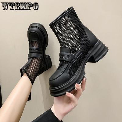 Genuine Leather Mesh Boots Women's Hollowed Out Ankle Boots British Style Mesh Boots Women's Thin Cool Boots