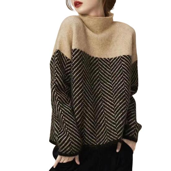 Suéter de mujer de cuello medio alto, manga larga, con bloques de color, corte holgado, tejido de punto, suéter grueso y cálido para otoño e invierno