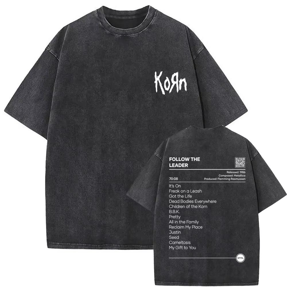 Washed Vintage Alternative Nu Metal Rock Band Korn Print Tshirt Men Oversized T-shirts Male Fashion T Shirts Y2k