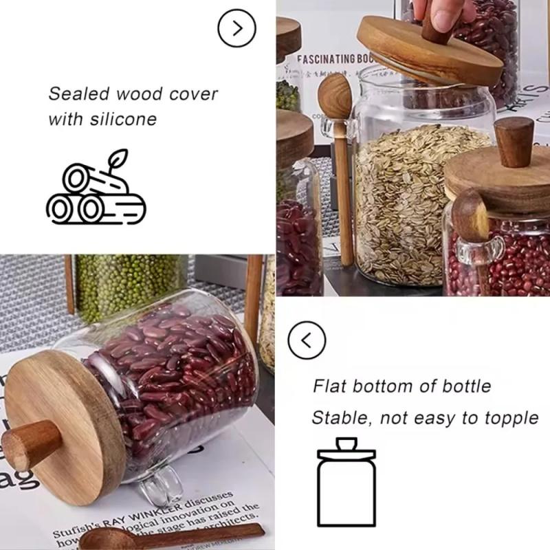 Food Storage Container Glass Jar with Wooden Lid & Scoop Grain Spice Coffee Bean