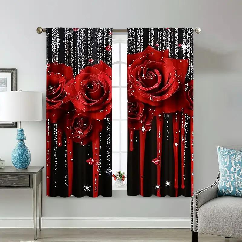 Black curtains with vibrant red roses and shiny star prints, bedroom and living room, home decoration, room decoration