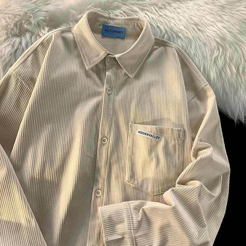 

Мужская вельветовая рубашка с длинным рукавом 2024 года — свободный крой, стиль американского ретро для подростков, идеально подходит для осени и зимы. L абрикосовый