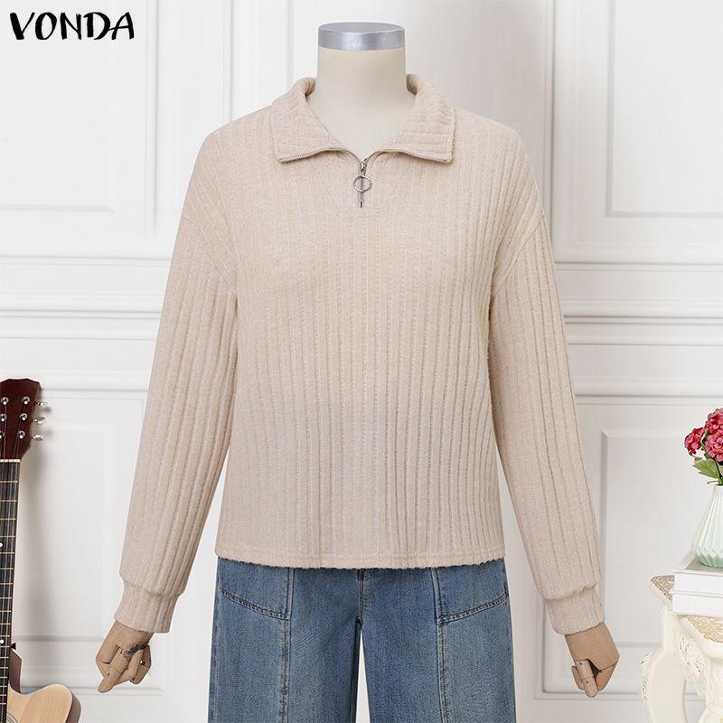 VONDA Autumn Women Zip-up Neck Long Sleeve Plain Thin Rib Casual Blouse S