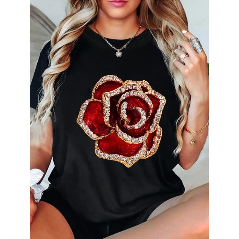 

European Size Rose Flower,Women s Short Sleeved Tshirt, Soft Round Neck Casual Everyday Top, Suitable for Themed Events and Casual Occasions 4XL чорний