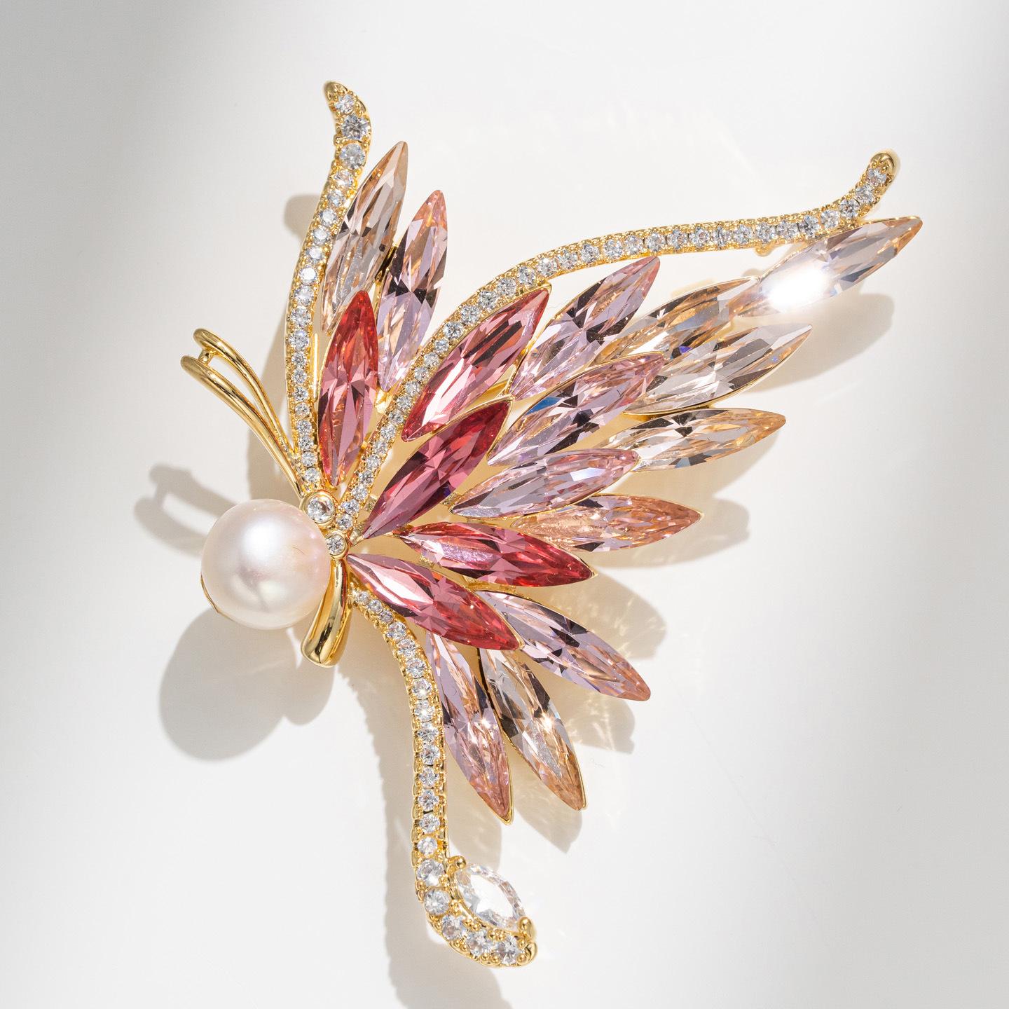 Elegant Crystal Butterfly Pearl Lapel Pin - Luxurious Women s Brooch Accessory