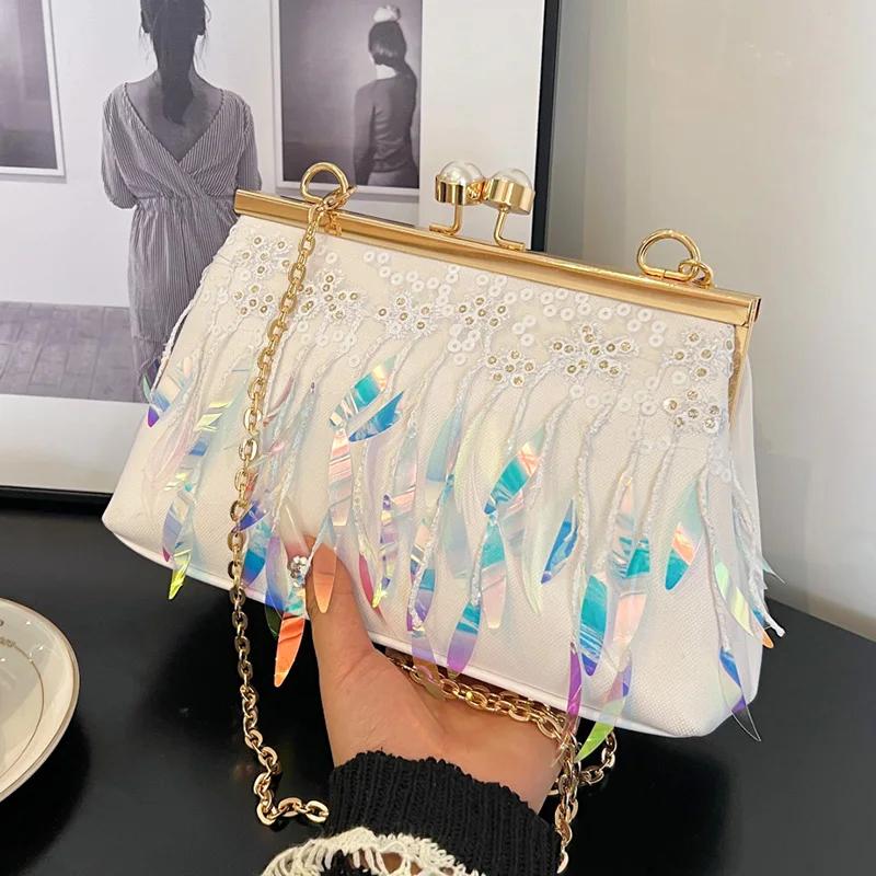

Сумка-мессенджер с пайетками для женщин, выпускной клатч, сумки на плечо, классические сумки с застежкой-молнией и бахромой, белое золото