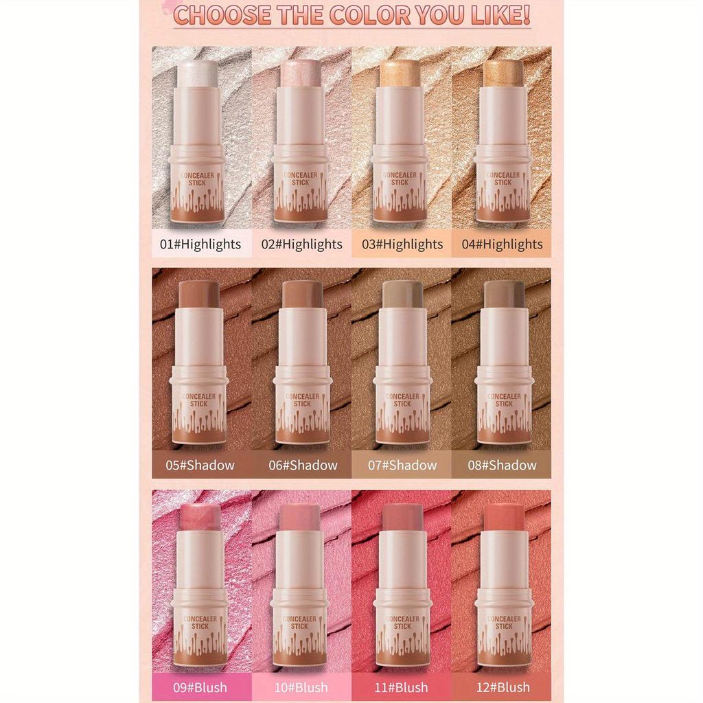 Rouge-Stick in 12 Farben, matt, Highlighter-Stick, natürliches Nude-Make-up, Gesichtsdefinition, Konturierungsstick, multifunktionaler Make-up-Stick