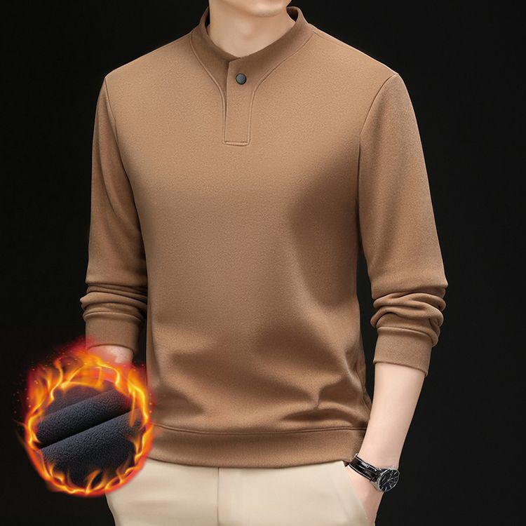 Men's Solid Color Fleece-Lined Sweatshirt, Winter Stand-Up Collar, Long-Sleeve Casual Base Layer.