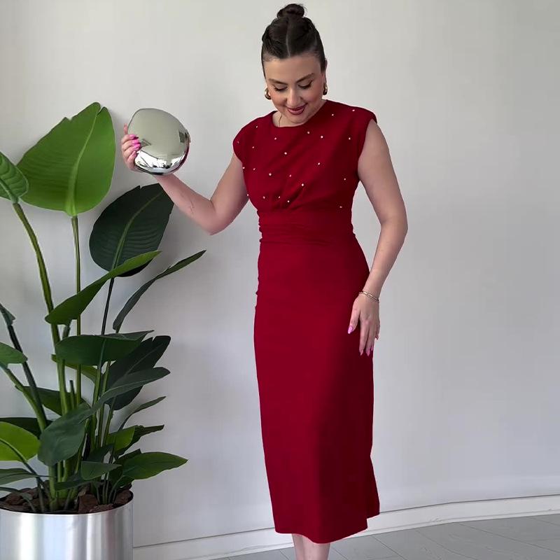 2024 Sommer Damen Einfarbig Rundhals Rüschen Taille Perlen Hüftwickelkleid