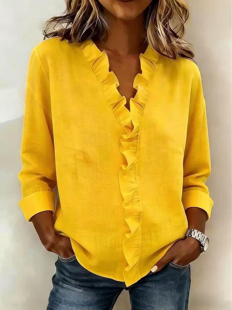 Top Elegante con Volantes y Cuello en V Estilo Francés para Mujer Primavera/Otoño 2026 Europeo y Americano