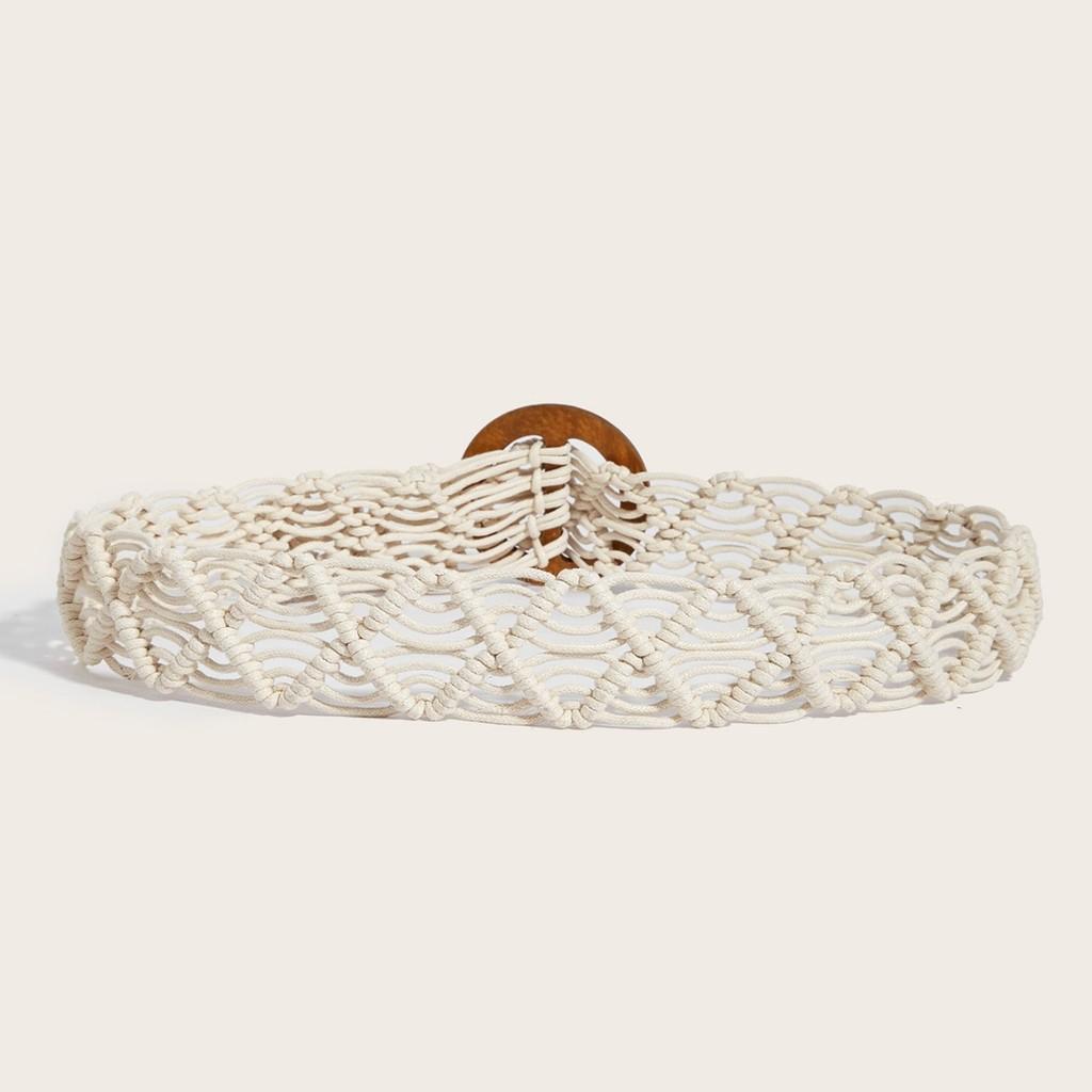 Cotton Retro Linen Belt Women Handmade Woven Waistband Round Wooden Buckle Dress