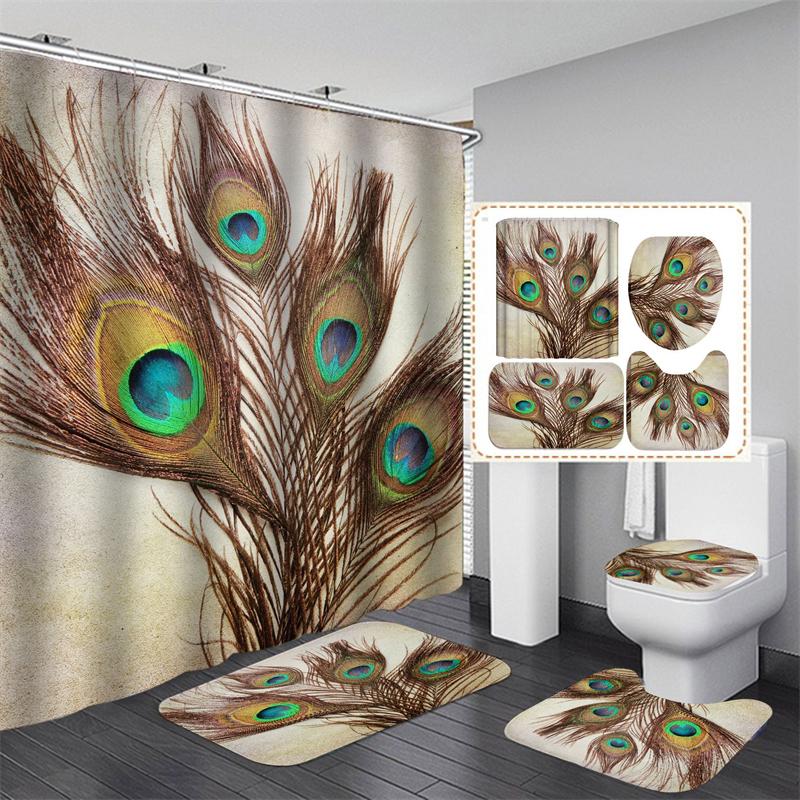 3D Print Shower Curtain Waterproof Polyester Bathroom Curtain Anti-slip Bath Mat Set Toilet Rugs Carpet Home Decor 4PCS