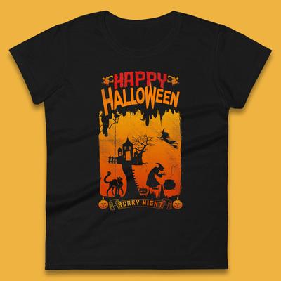 Happy Halloween Horror Hunted House Flying Witch Scary Spooky Night Womens Tee T Shirt Mens Tops Unisex Top