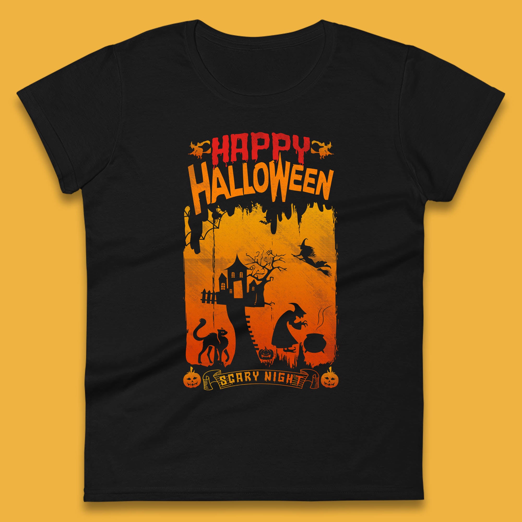 

Happy Halloween Horror Hunted House Flying Witch Scary Spooky Night Womens Tee T Shirt Mens Tops Unisex Top L