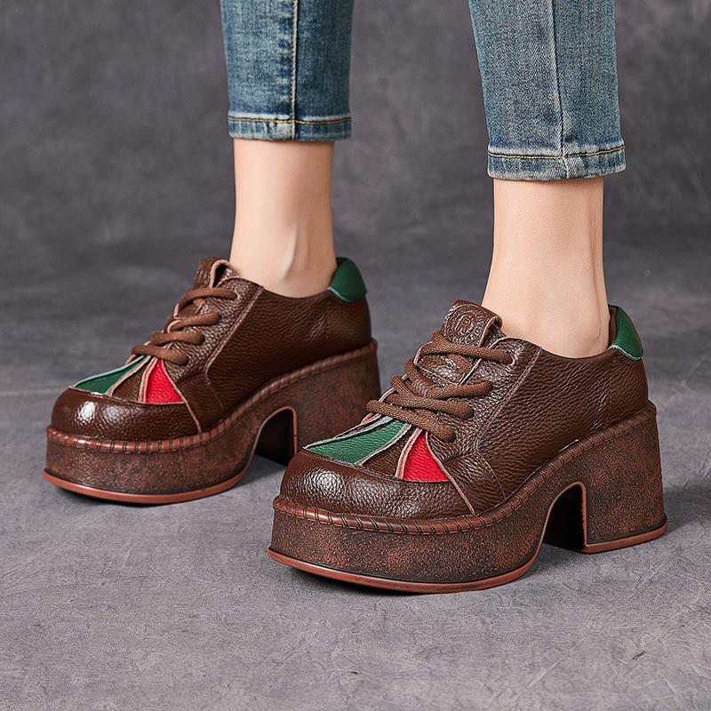 GKTINOO Retro High Heels Women Shoes Flat Platform 7cm Thick Heels Shoes Mixed Colors Genuine Leather Luxury Lace Up Shoes