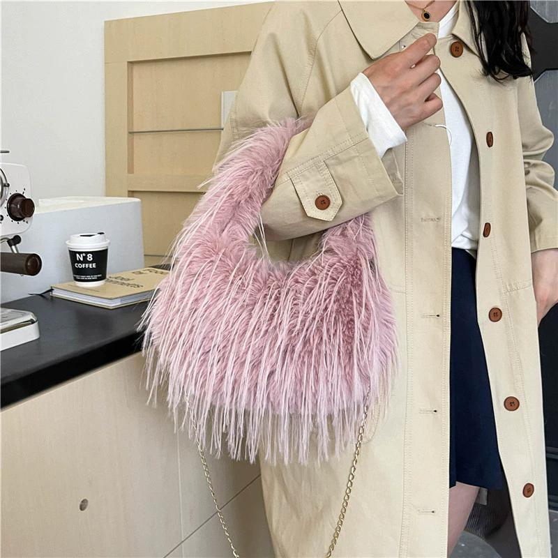 Women Plush Small Purse Soft Luxury Tote Handbag Faux Fur Fluffy Wrist Bags Girls Winter Daily Crossbody Shoulder Bag