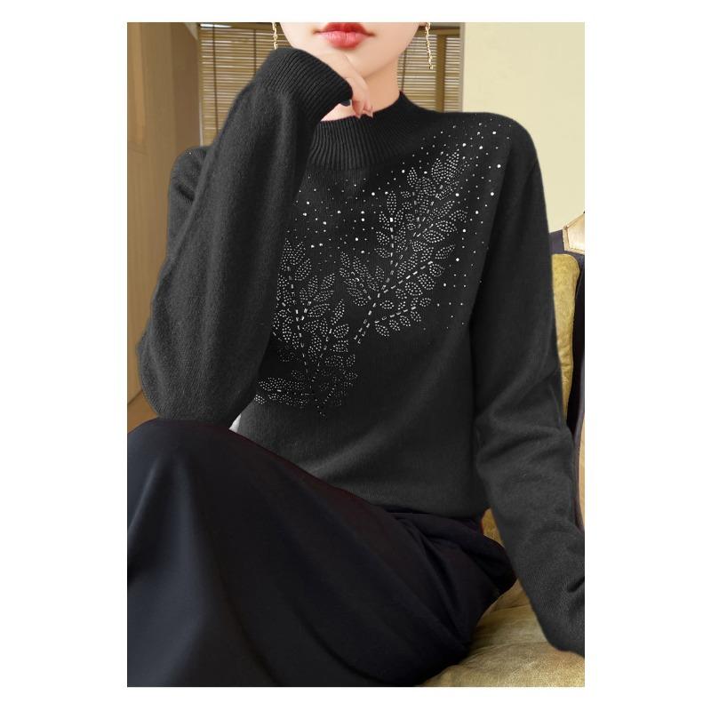 Heavy-duty Hot-drilled Half-turtleneck Women Bottoming Shirt Mid-collar Loose Coat Woolen Sweater