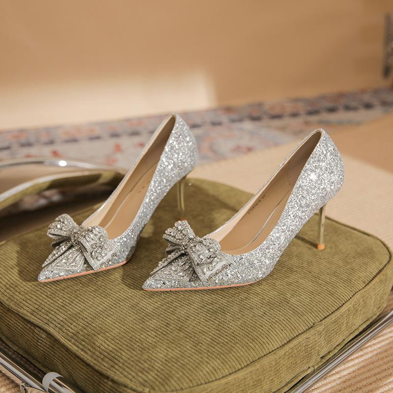 819-11 High heels women's spring 2025 new silver crystal bow wedding shoes pointed stiletto single shoes