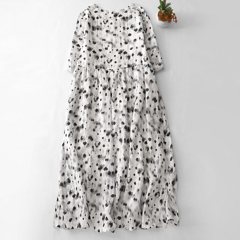 2025 Summer New Printed Cotton and Linen Dress Women's Vacation Travel Loose and Thin Round Neck Five-quarter Sleeve Knee Dress