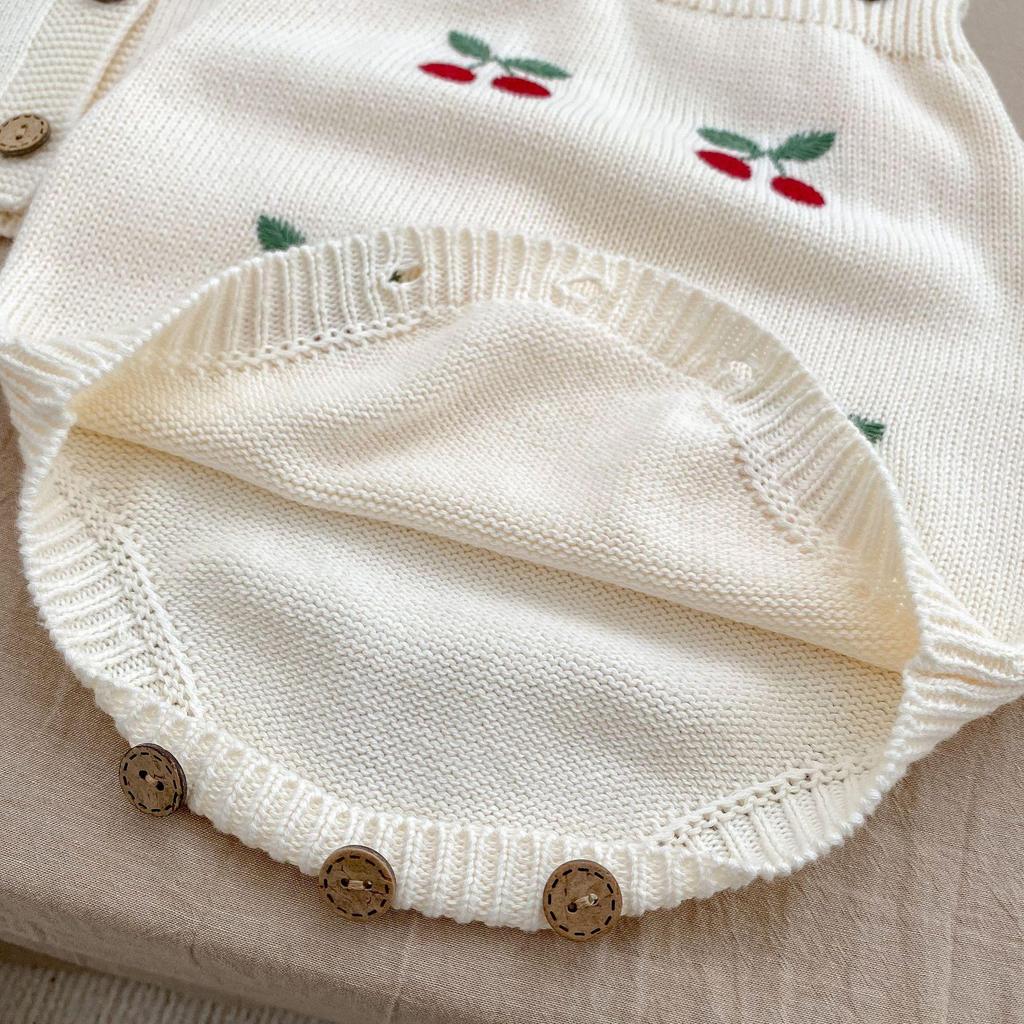 Frühling/Herbst 2025 Baby Kirsche Strick Strampler Set - Niedliches Baumwoll Latzhose Bubble Outfit