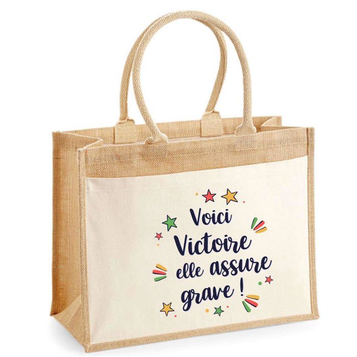 Sac cabas - PLANETEE - jute avec poche Victoire elle assure grave ! - Jute naturel - 43x33 cm - Imprimé en France