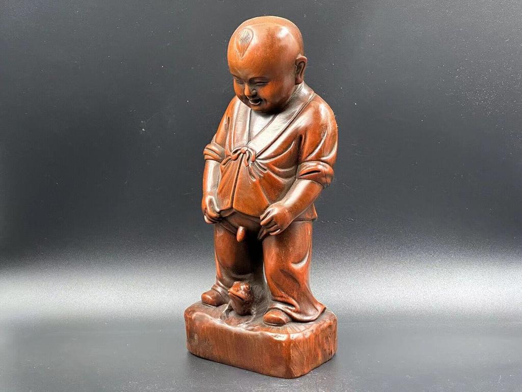 Chinese Vintage Boxwood Carved Exquisite Boy Child Statue Wooden Figurines Art