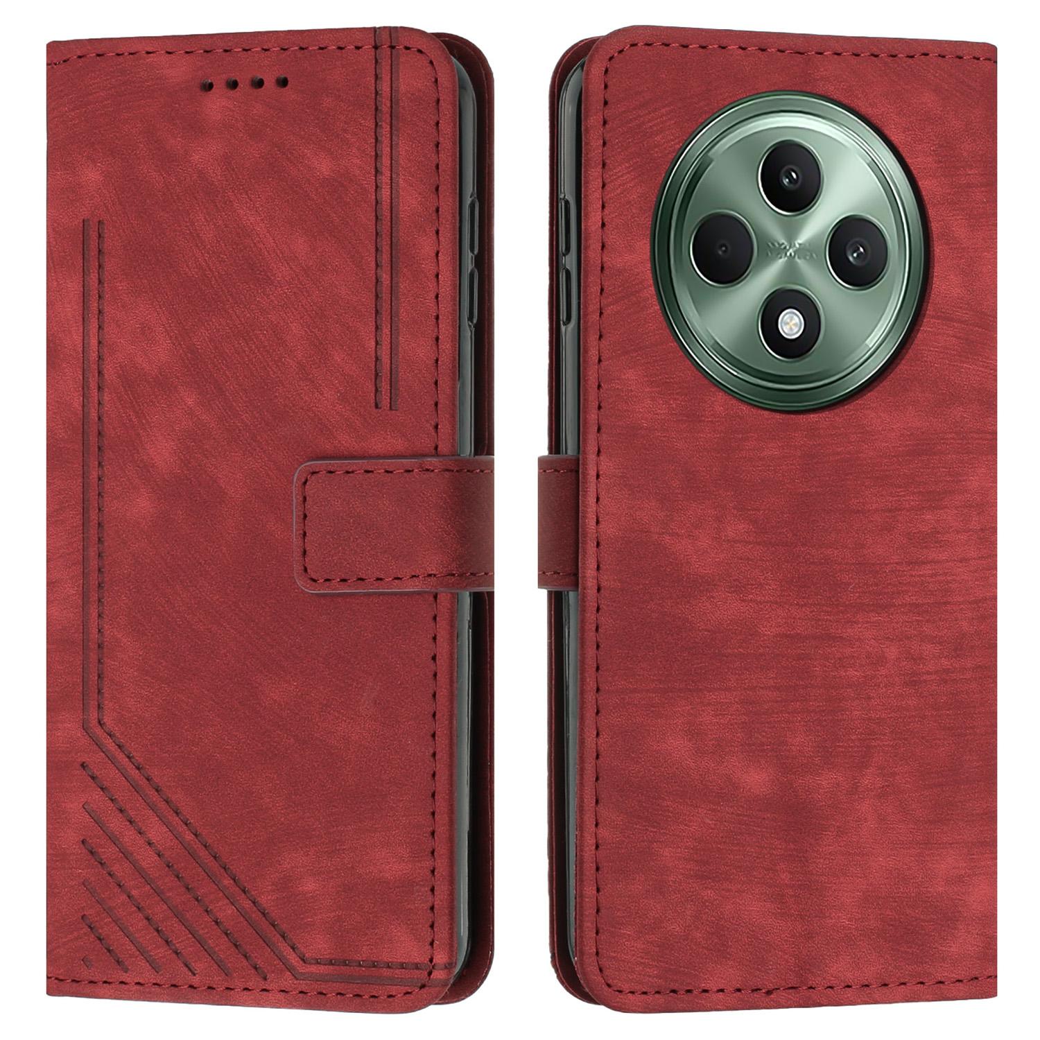 

For Oppo Reno12 F 5G Case Shockproof Wallet PU Leather Flip Lines Phone Cover Red