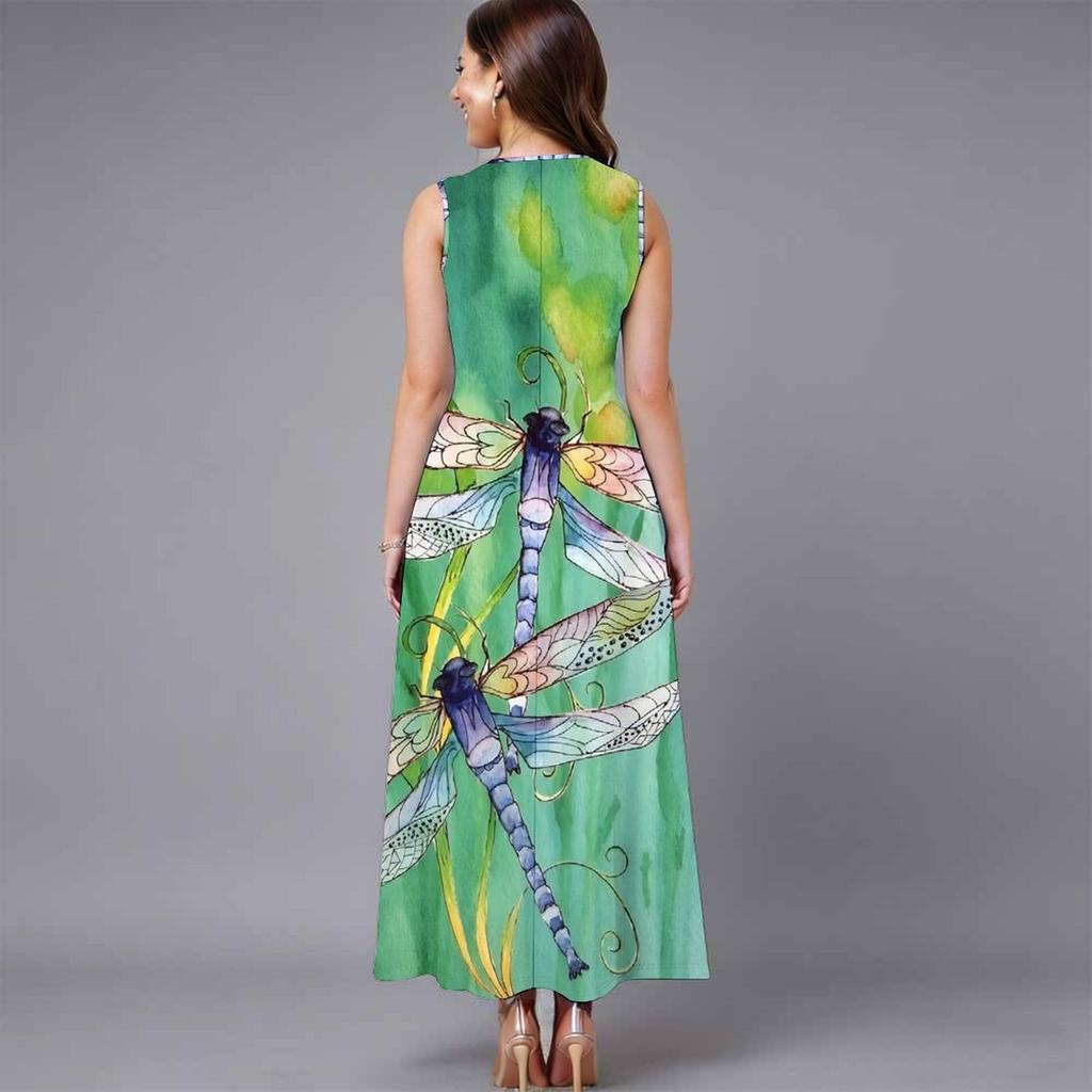 Women Plus Size Sleeveless Round Neck Dress Graceful Climbing Floral Vines Flowy Mid Calf Gown