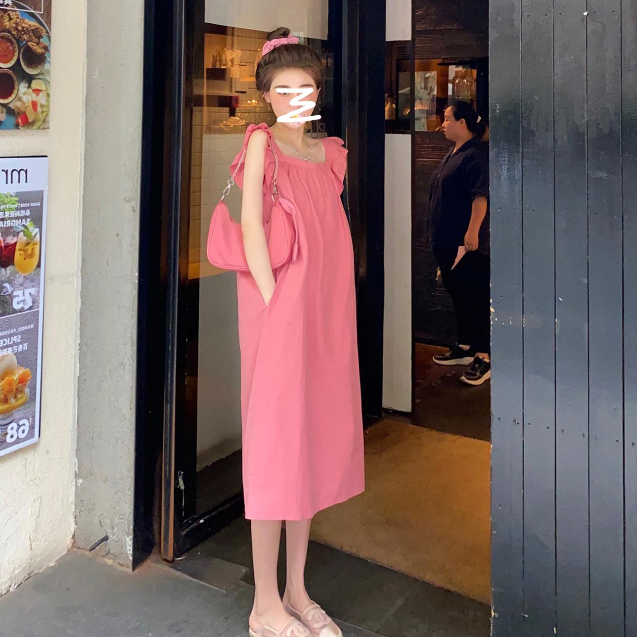 2026 Spring/Summer Playful Princess Square Neck Puff Sleeve Maternity Dress - Trendy Korean Style for Moms L