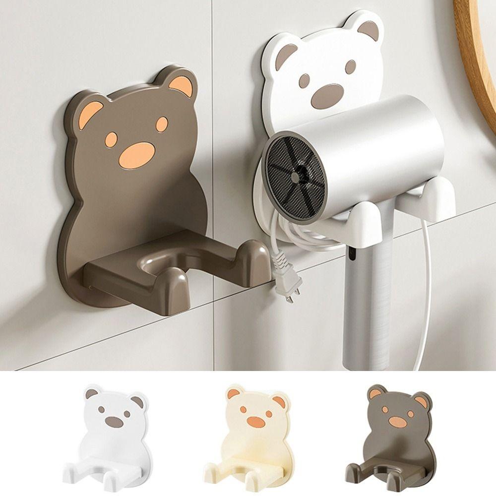 Plastic Cartoon Bear Hair Dryer Holder Self-adhesive Hair Dryer Shelf Bathroom