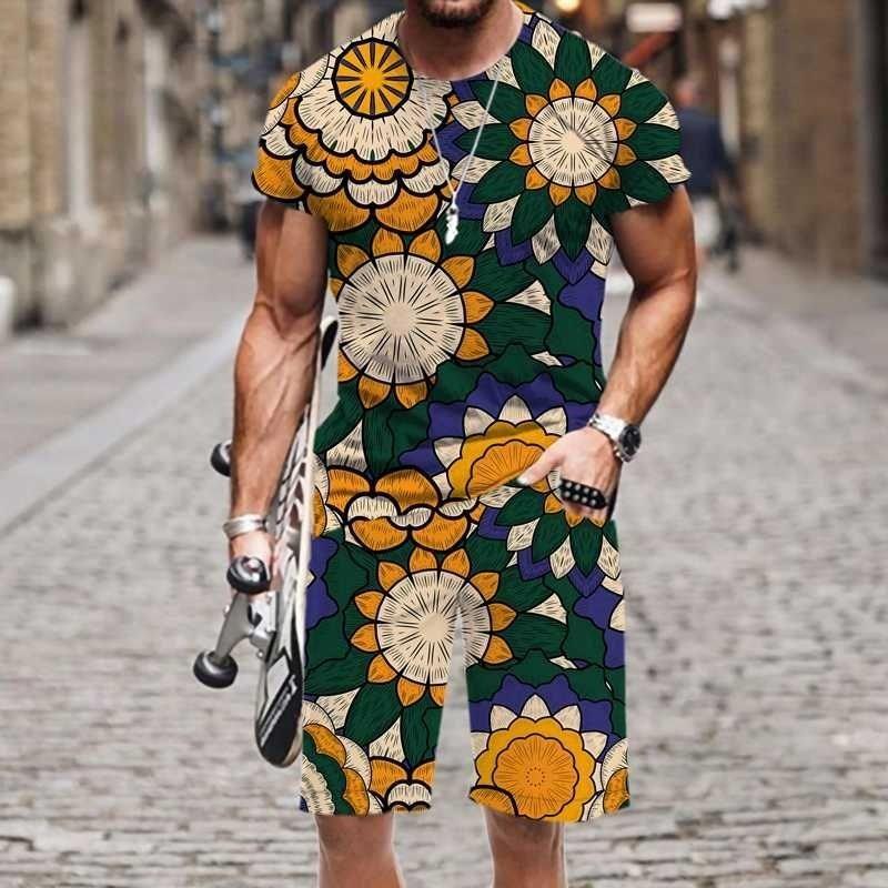 Summer Fashion Casual Men's Suit Vintage Pattern 3D Printed Sportswear Short-sleeved Suit Oversized Round Neck T-shirt Shorts 2-piece