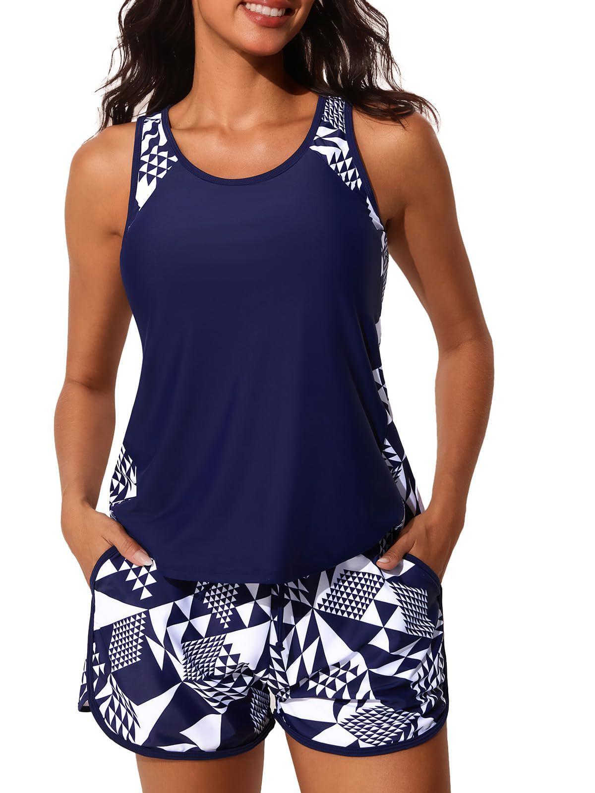 

New sports swimsuit split two-piece vest boxers printed swimsuit meat-covering swimsuit women 2XL темно-синього кольору