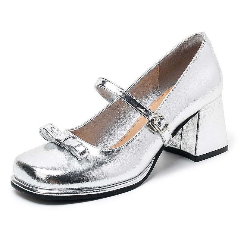 Leather Small Silver Shoes Mary Jane High Heels Women's Spring and Autumn Cheongsam Shoes Horse Dress Shoes Thick Heel Single Shoes