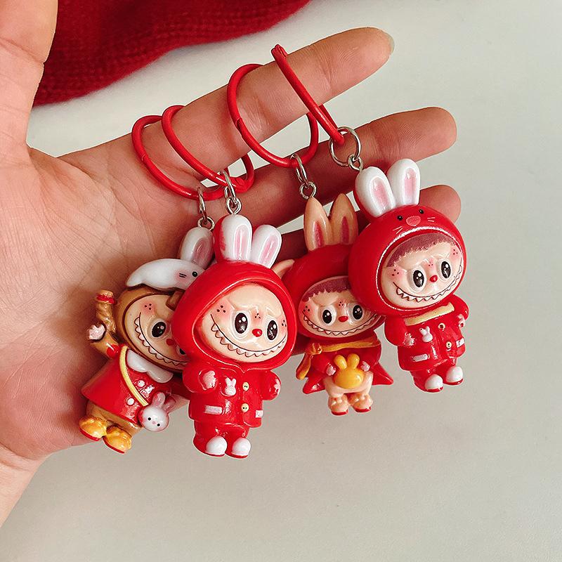 Cute Red Cartoon Large Size Labubu Keychain Kawaii Cartoon Doll Keyring Bag Pendant Lovely Key Accessories For Girl Gifts