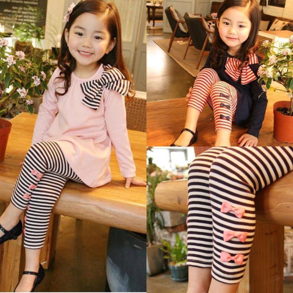 Adorable 2pcs Toddler Kids Baby Girls Outfits With Bowknot Top Striped Legging