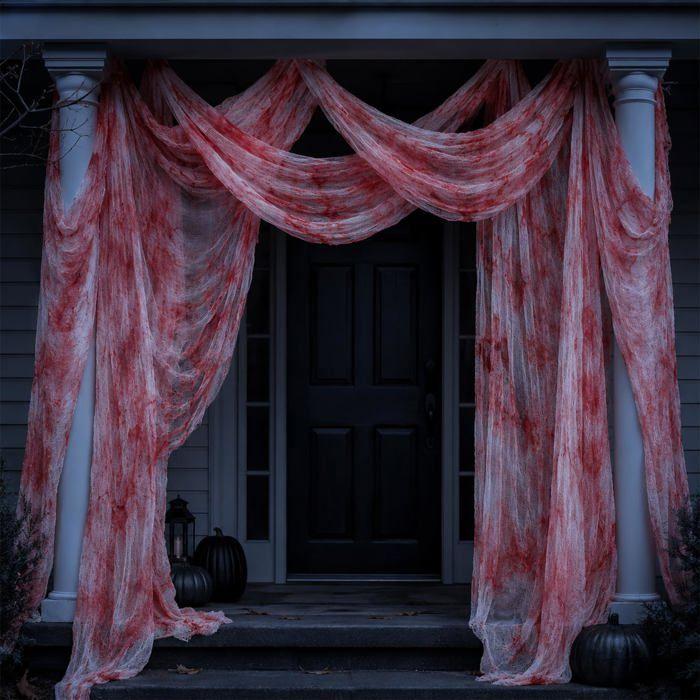 Décoration Halloween - LIAIKI - 600 x 215 cm - Tissu gaze - Rouge et blanc - Grand format