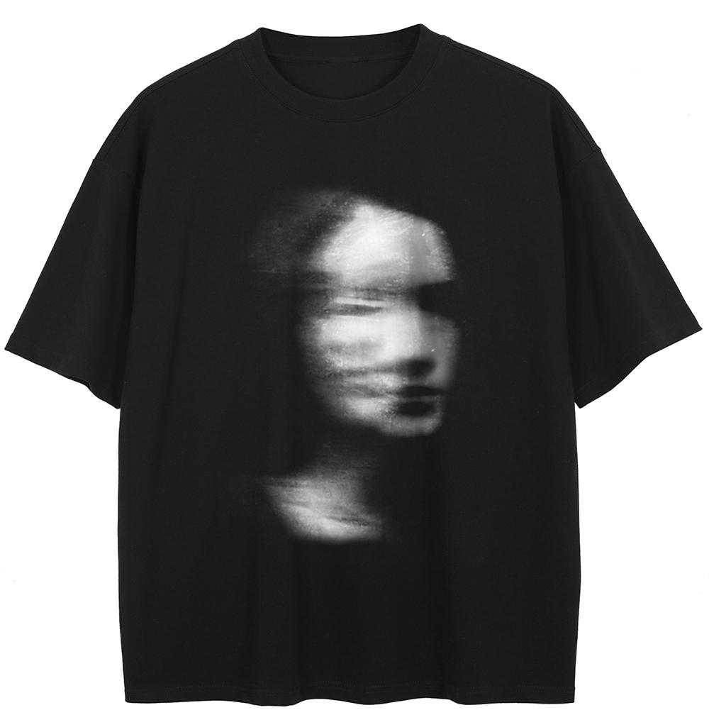 

2026 Men Washed Black T-Shirt Streetwear QUARTER 24 Blurry Face Graphic A37T001 L чорний