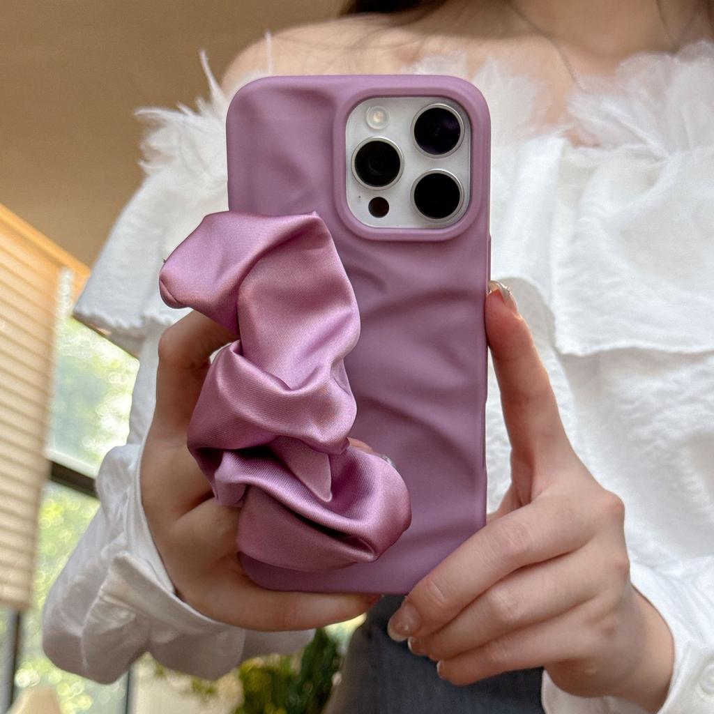 Minimalist Irregular Wrinkle Phone Case with Silk Scarf Wristband for iPhone 11-17 Series, TPU Shockproof Cover with Skin-Friendly Matte Finish