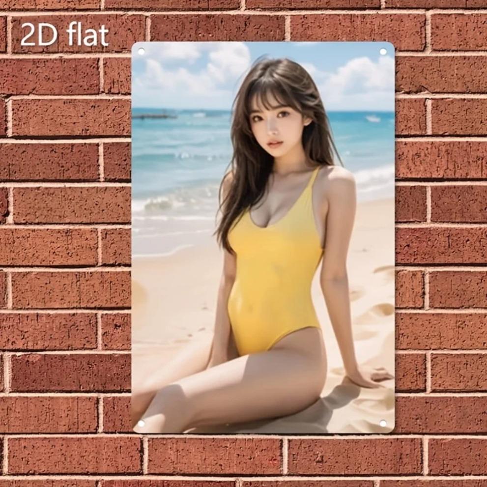 Vintage Metallwandkunstschild - Küstenstranddeko mit gelber Badeanzug-Frau, Langlebige Eisen-Café-Bar-Plakette