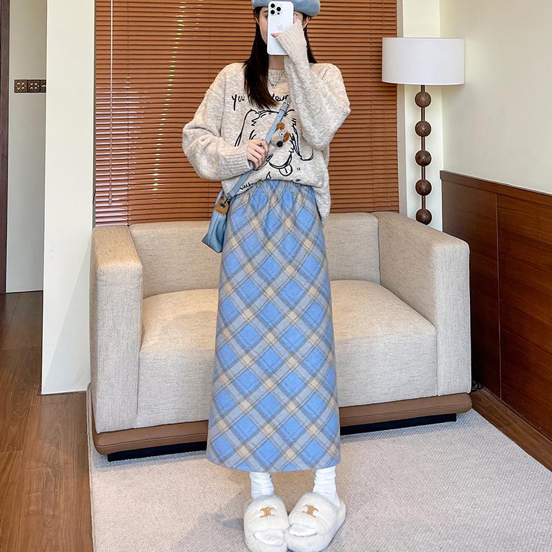 Woolen Hip Skirt Autumn and Winter New Long Skirt for Women All-match High Waist Slim A-line Retro Oblique Plaid Plaid Skirt
