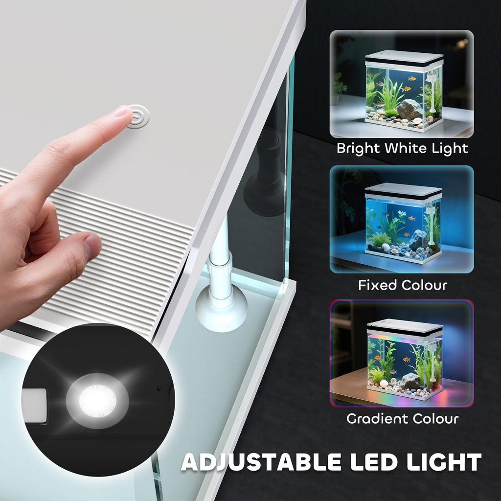 14L Glass Fish Tank With Filter System, LED Lights, Water Pump, White