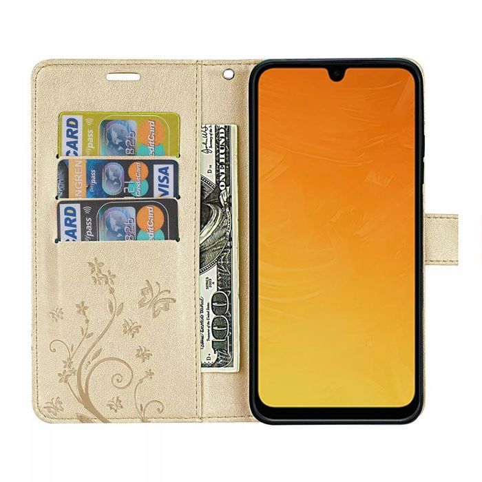 Coque pour Samsung Galaxy A26 5G - BOOLING - Cuir Synthétique Doré Motif Relief Papillon - 2 Verres Trempés