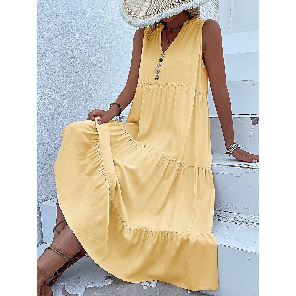 Women Solid Printed Sleeveless V Neck Casual Dress Spring Summer Fashion Daily Wear